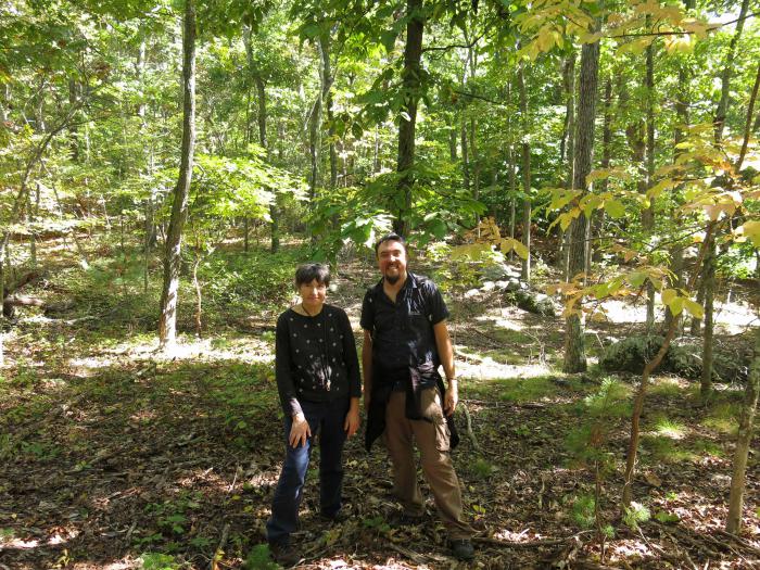 Irina Kadis, Arnold Arboretum, and Sébastien Bétrisey in front of a Carya ovata stand in the Blue Hills Reservation